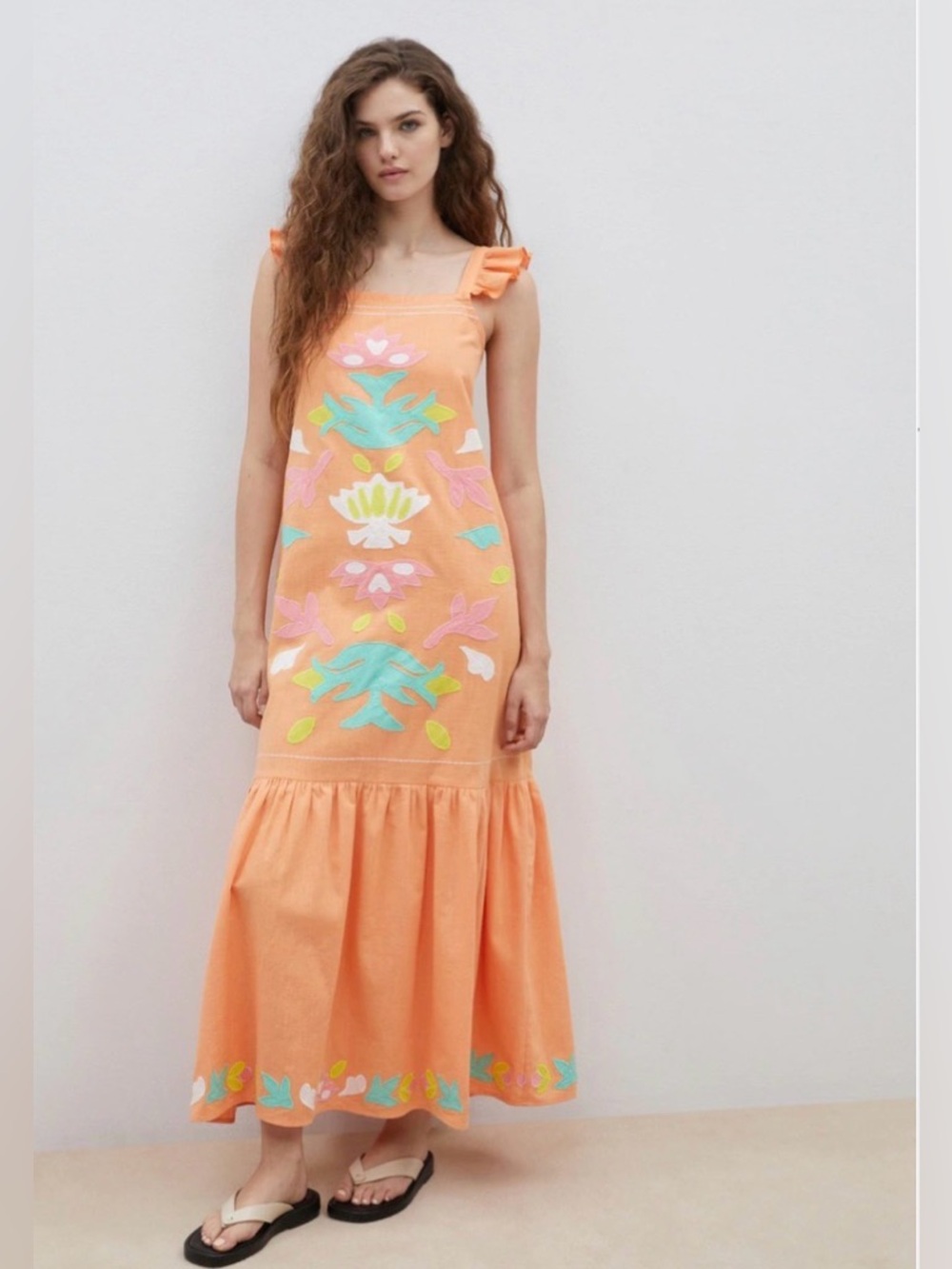 See and Be Seen Orange Floral Appliqué Tiered Maxi Sun Dress Flowy Cotton Medium